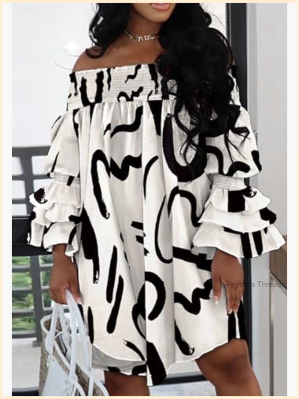 Off Shoulder A-Line Midi Dress with Ruffle Sleeve Pleated Sundress - Picture 4 of 5